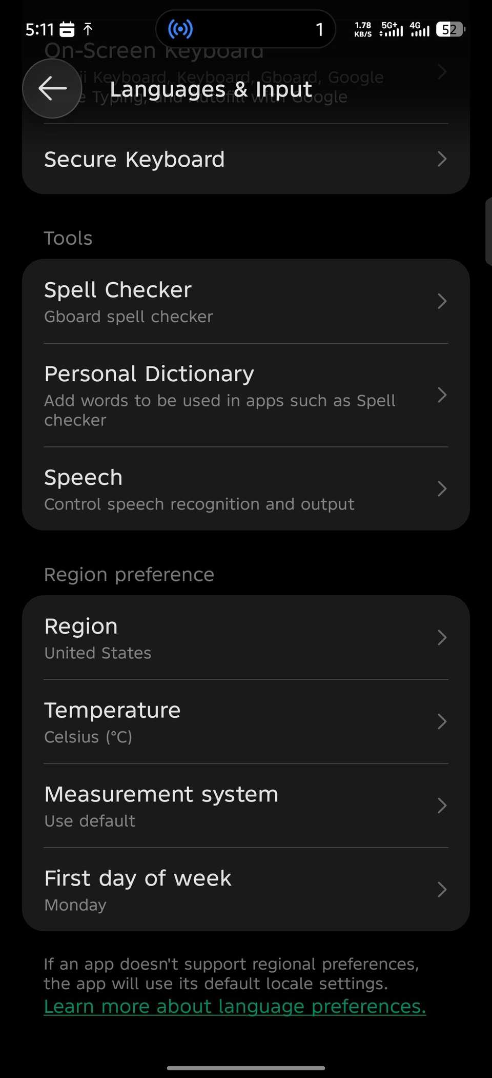 Menu showing temperature settings and other regional preferences on Android
