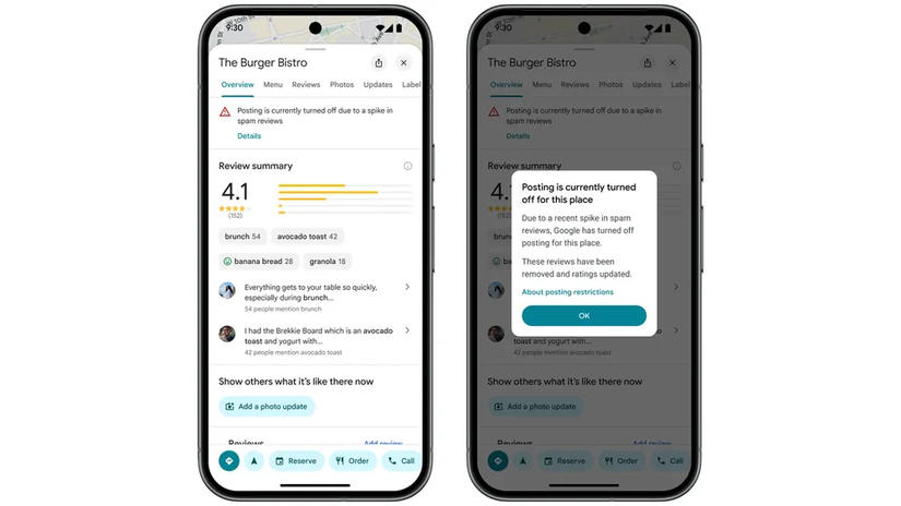 Capturas de tela destacando o banner de revisão pausada do Maps.