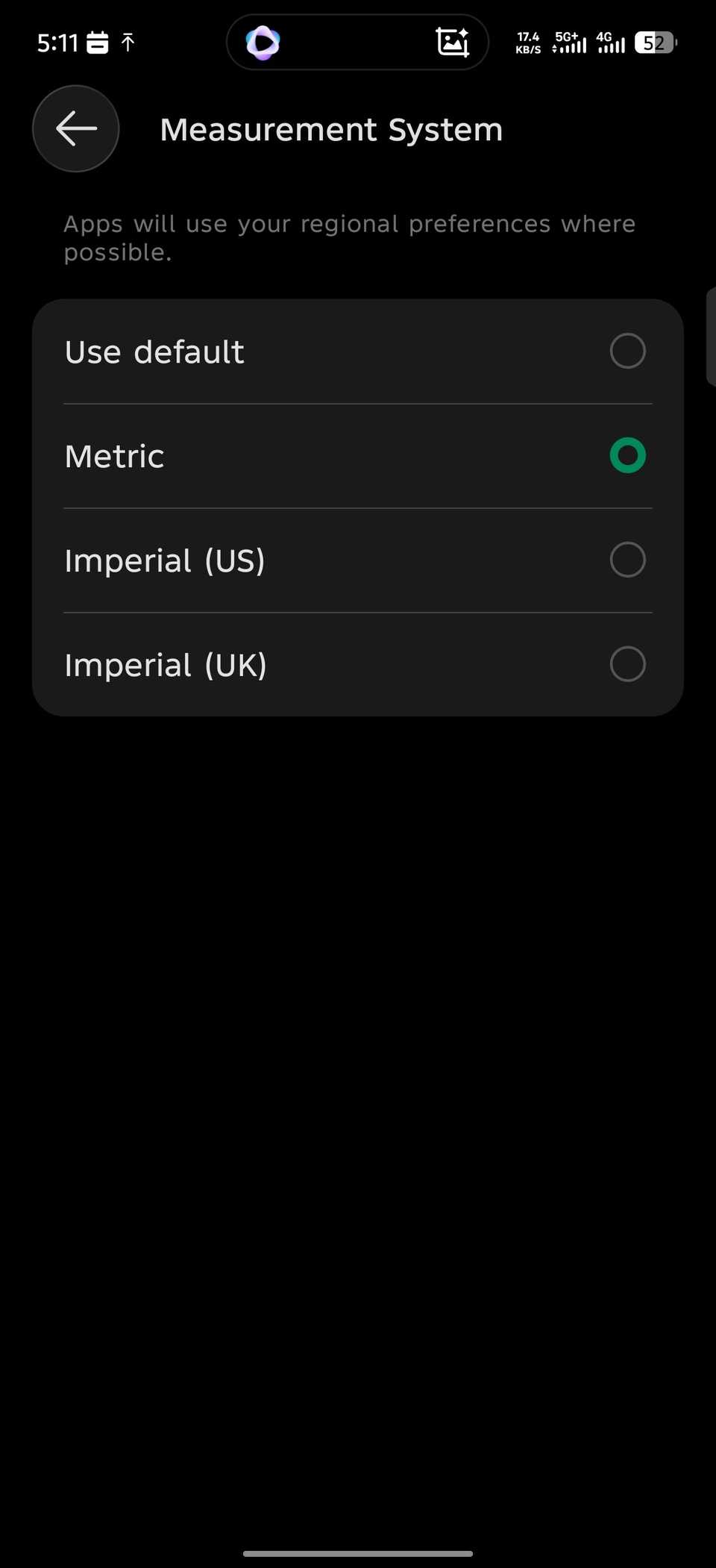 Menu showing Metric and Imperial measurement system options on Android