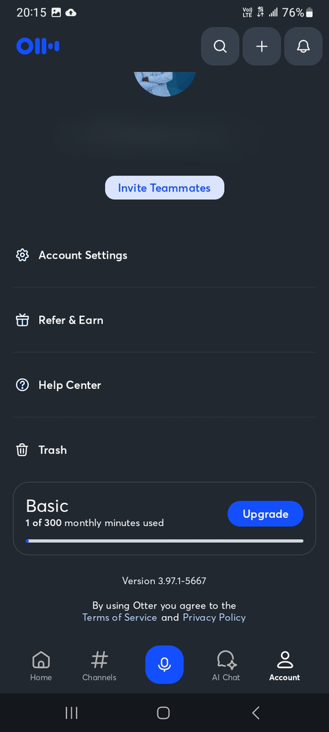 Otter account settings showing remaining minutes