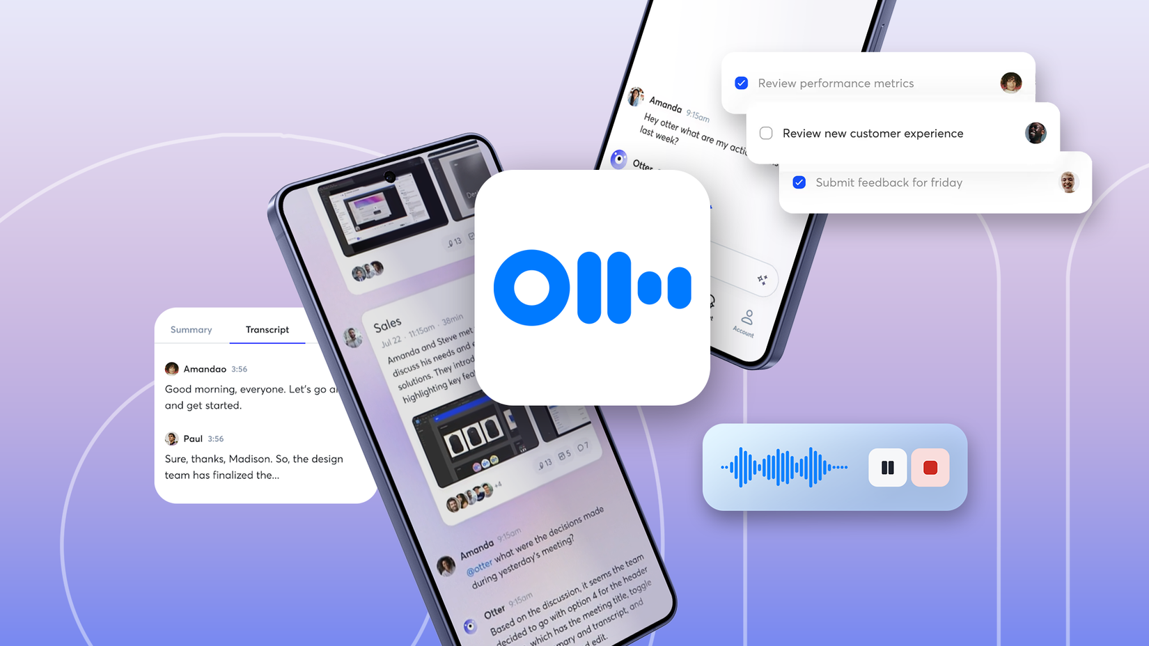 Otter.ai logo with floating smartphone screens
