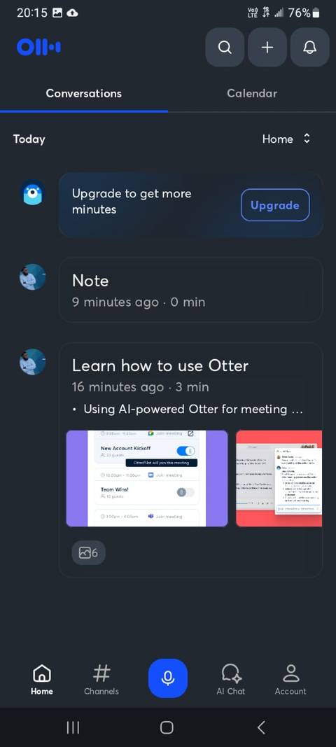 Otter home menu showing notes