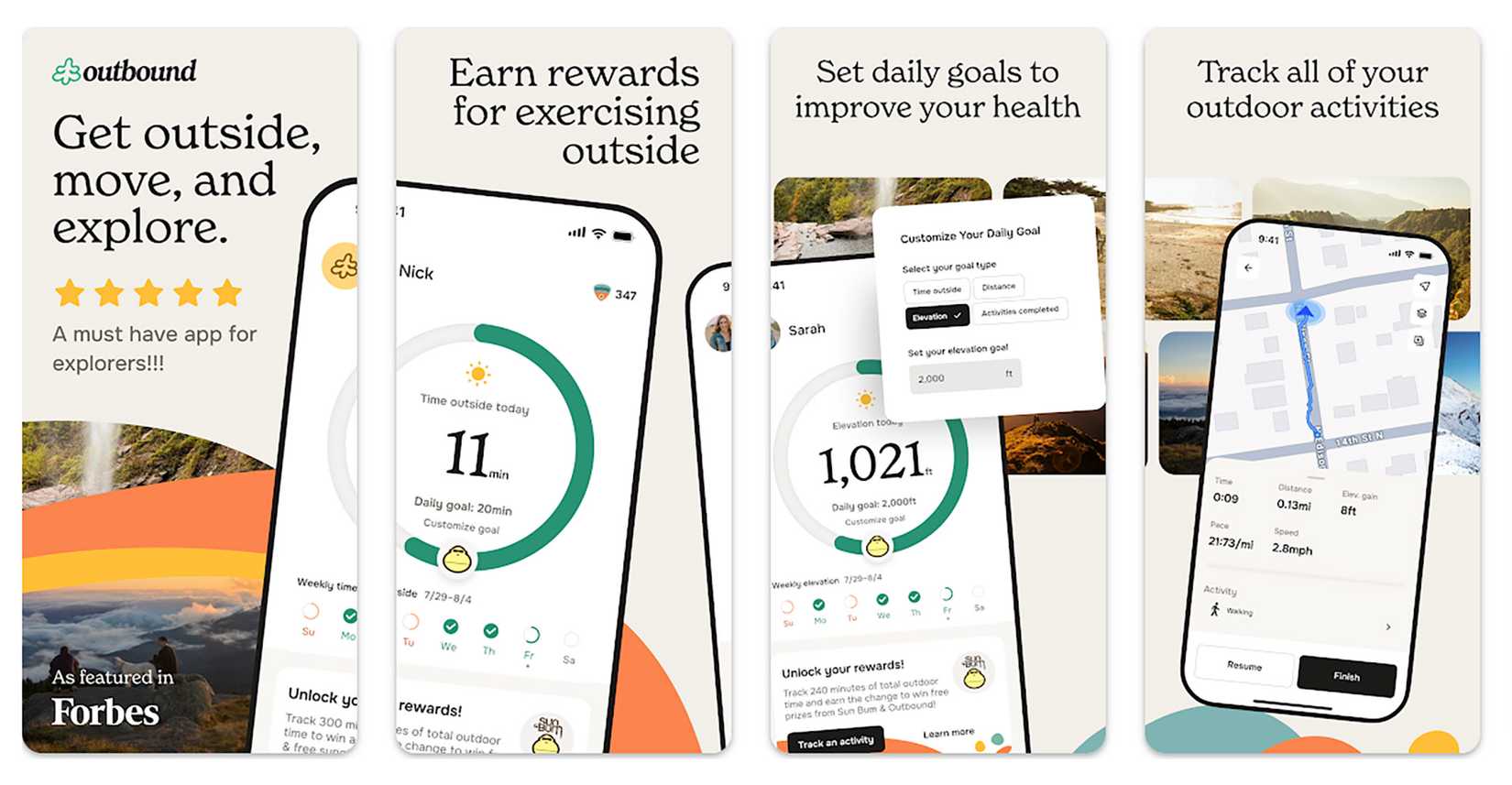 several screens of Outbound app