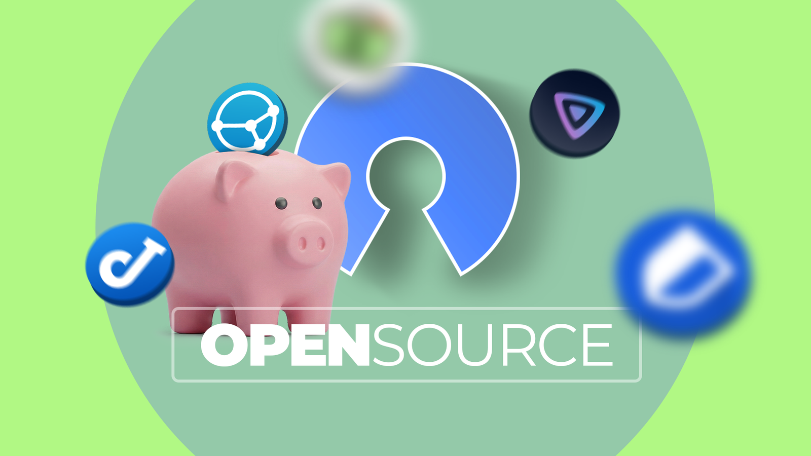 Pink piggy bank with floating open-source app icons like Syncthing and Joplin over an 'OPENSOURCE' label.