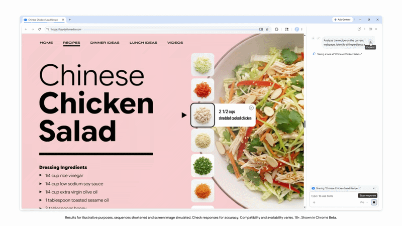 Um GIF destacando as novas habilidades Gemini do Chrome.
