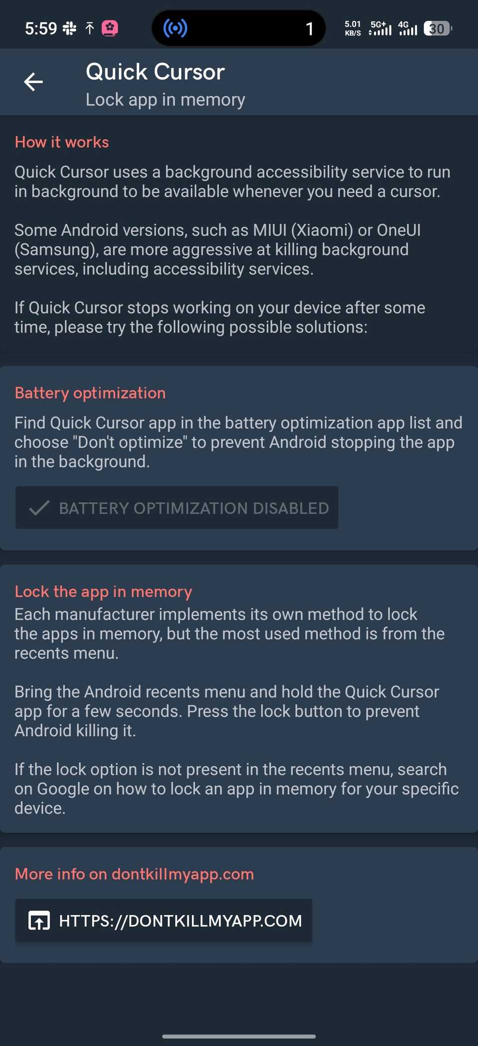 Menu showing different options for optimising battery and locking Quick Cursor app in memory