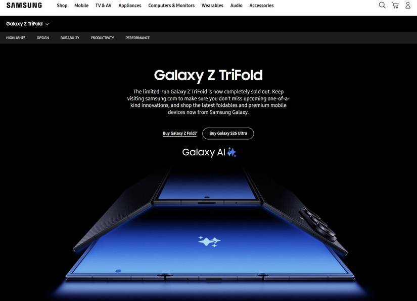 Uma imagem destacando a página com três dobras da Samsung.