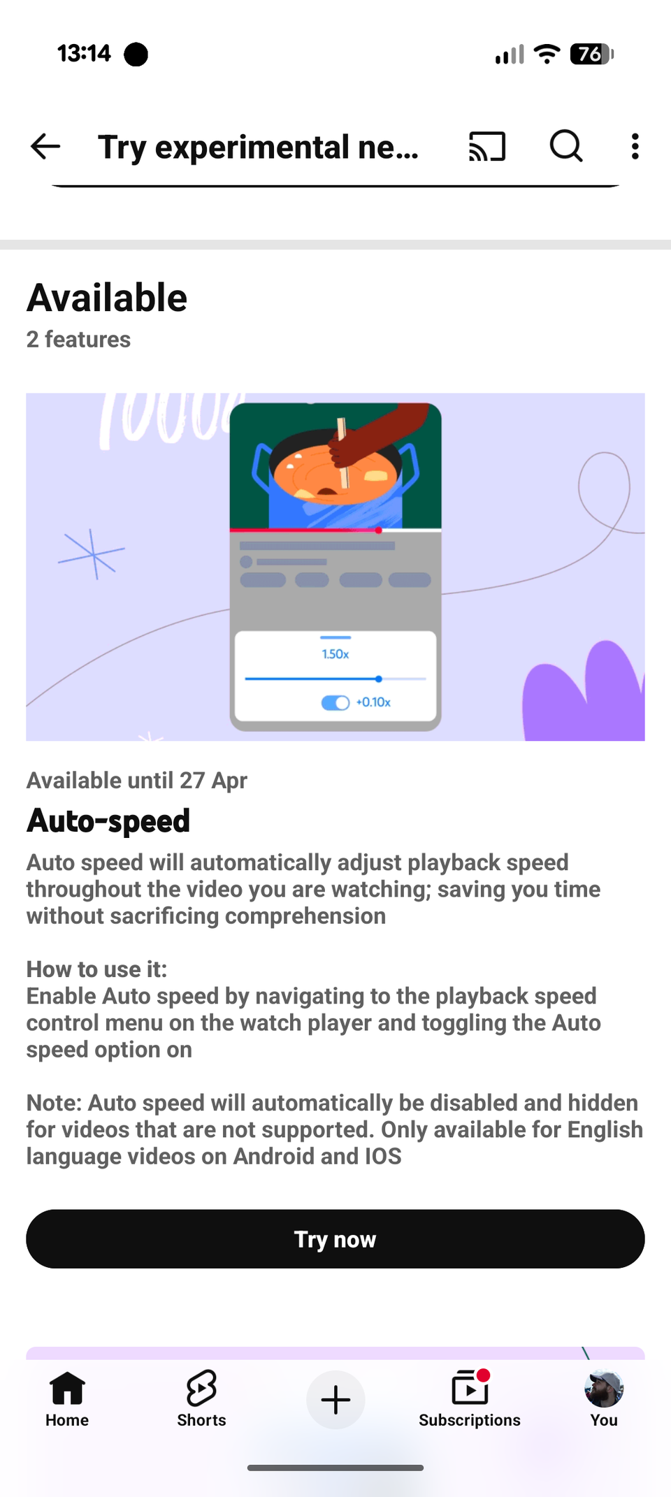 Turning on Auto-speed on YouTube Premium.