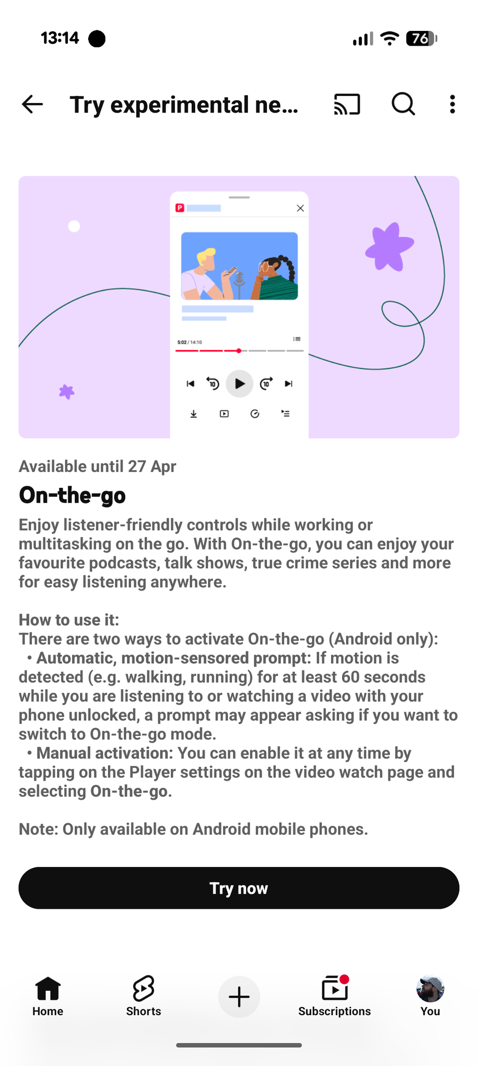 Turning on On-the-go on YouTube Premium.