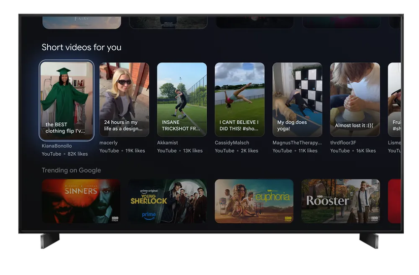 Uma imagem destacando os Shorts do YouTube em exibição na tela inicial do Google TV.