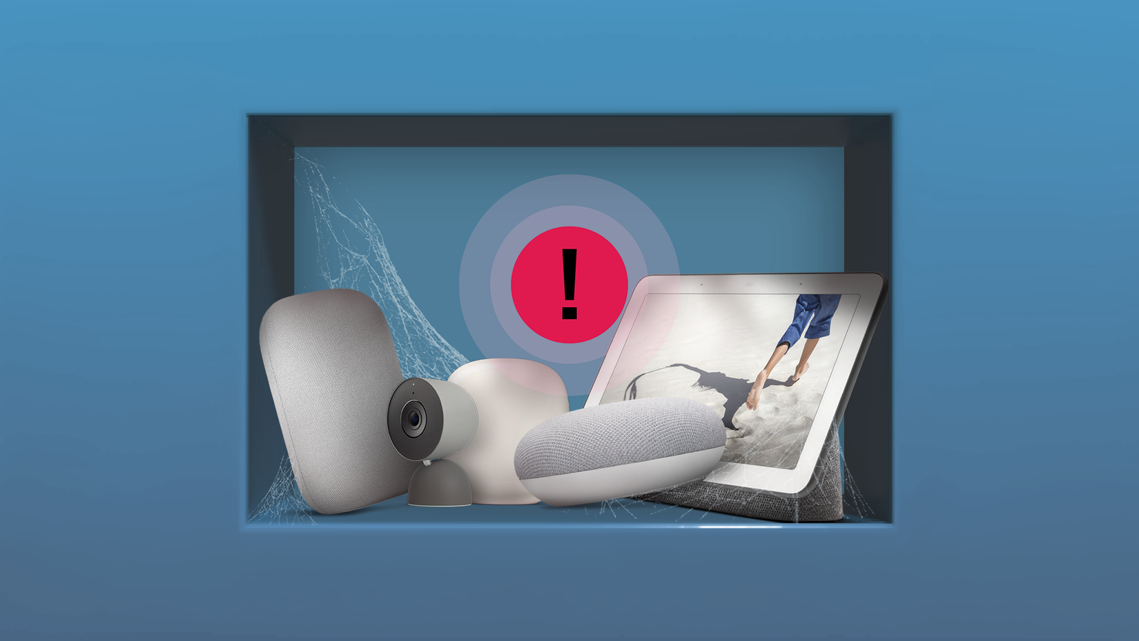 Smart home devices crowded into a small cabinet with cobwebs and a red warning icon.