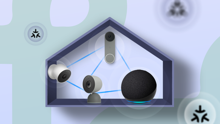 Smart home devices inside a house shape connected via Thread mesh network.