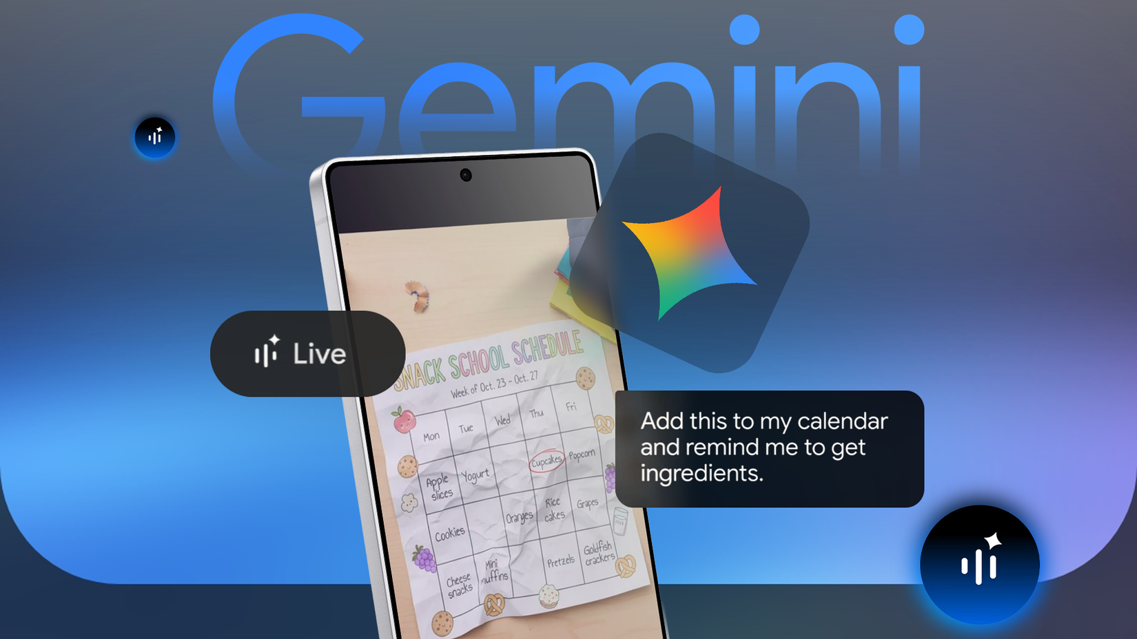 Smartphone com Gemini Live processando horário escolar via câmera com comando de voz de calendário