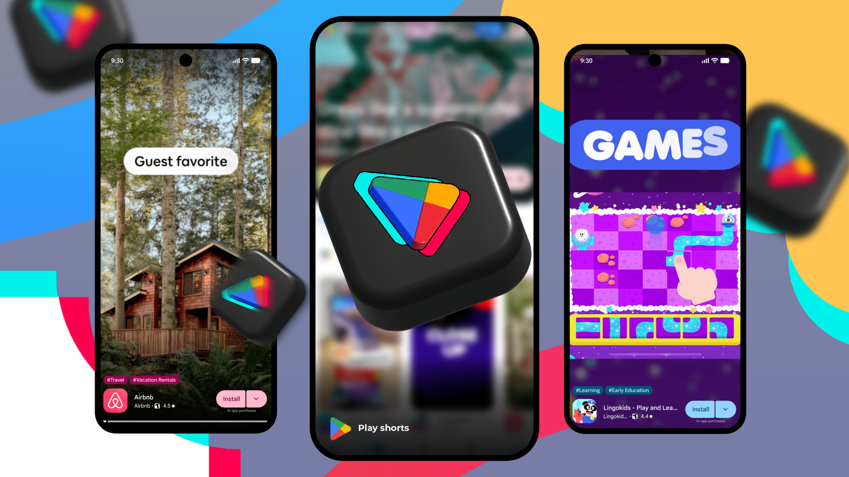 Smartphones exibindo feeds de vídeo verticais no estilo TikTok para o novo recurso Google Play Shorts, cercados por ícones flutuantes da Play Store em 3D.