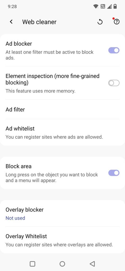 Screenshot showing Ad blocker settings in Soul Browser