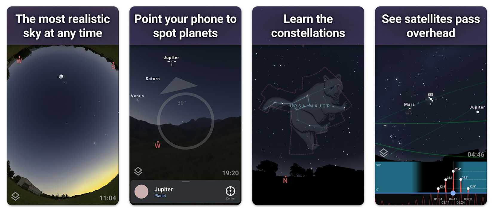 várias telas do aplicativo Stellarium