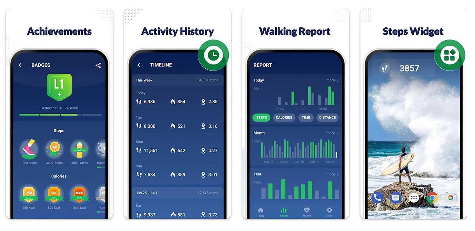várias telas do aplicativo Step Counter