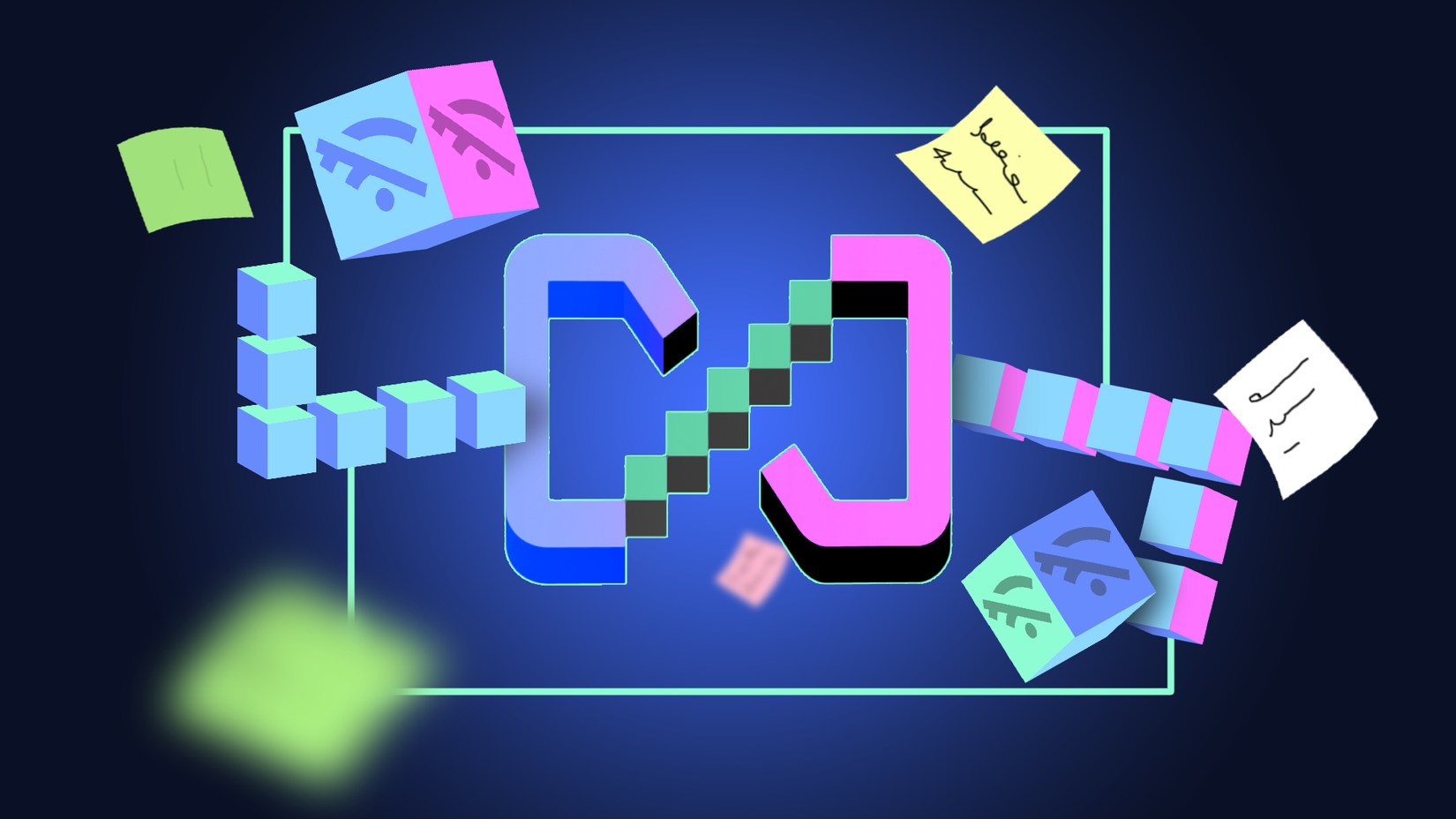 Stylized AnythingLLM logo surrounded by notes and offline icons.