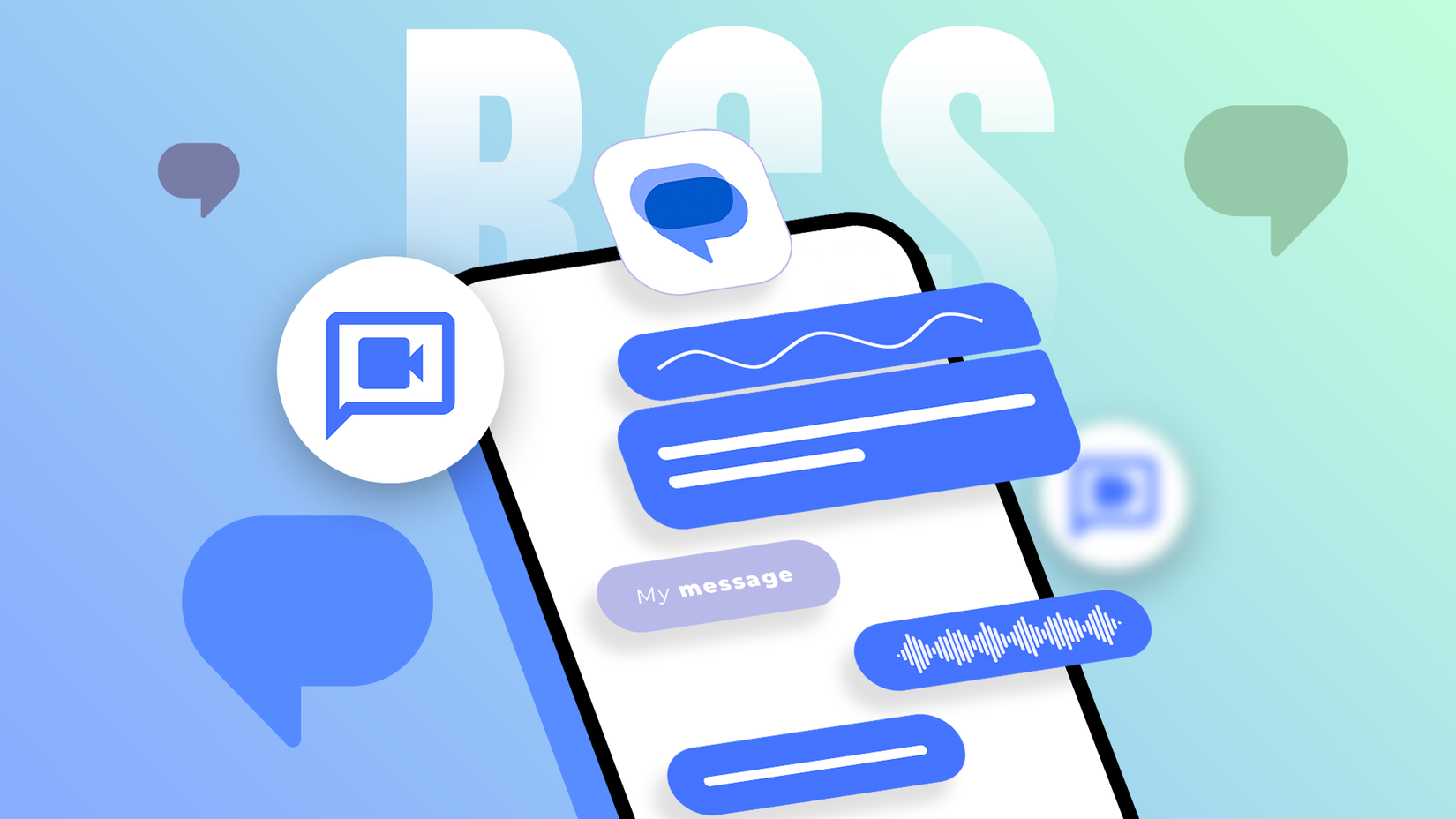 Smartphone estilizado com balões flutuantes de bate-papo do Mensagens do Google, um ícone de videochamada e uma onda de áudio, contra um fundo gradiente com o texto RCS