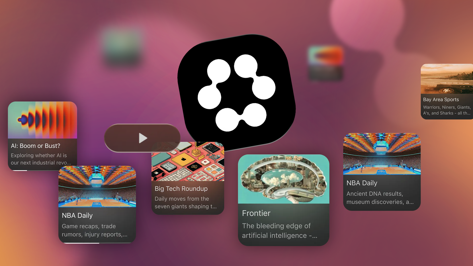 O ícone preto do aplicativo Huxe cercado por cartões de podcast digitais flutuantes.