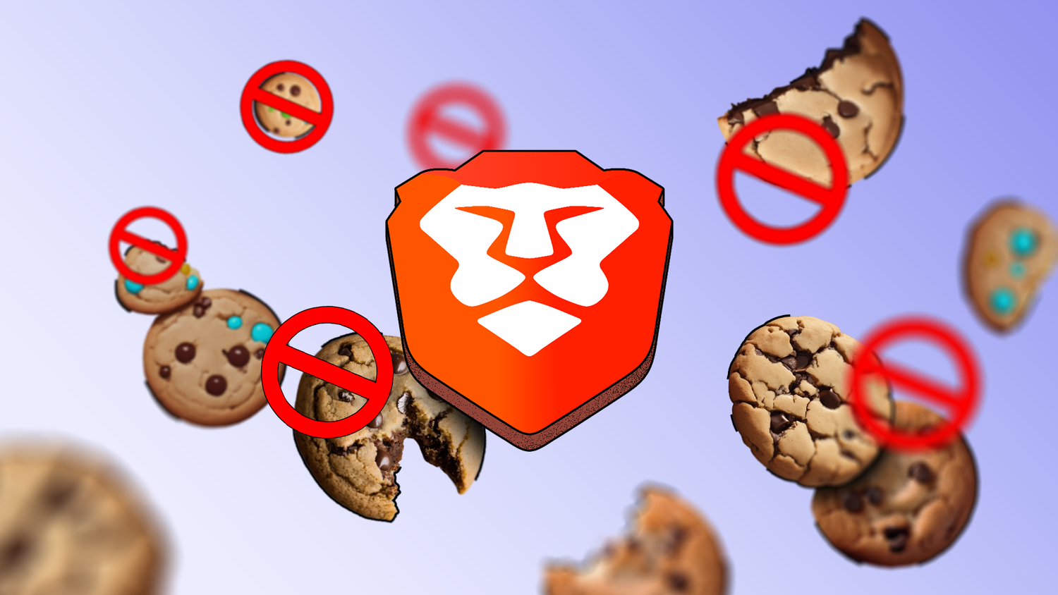 The Brave browser logo surrounded by floating cookies with red blocked symbols.