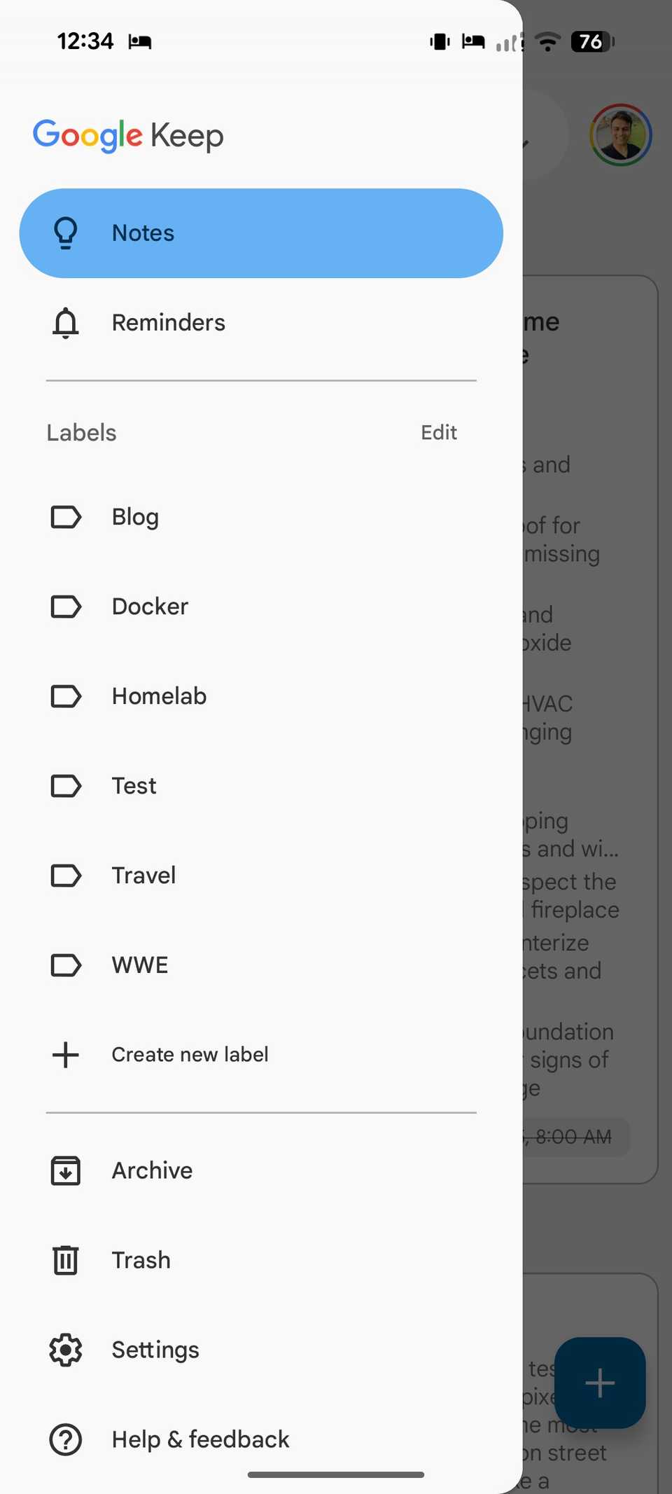 hamburger menu in Google Keep