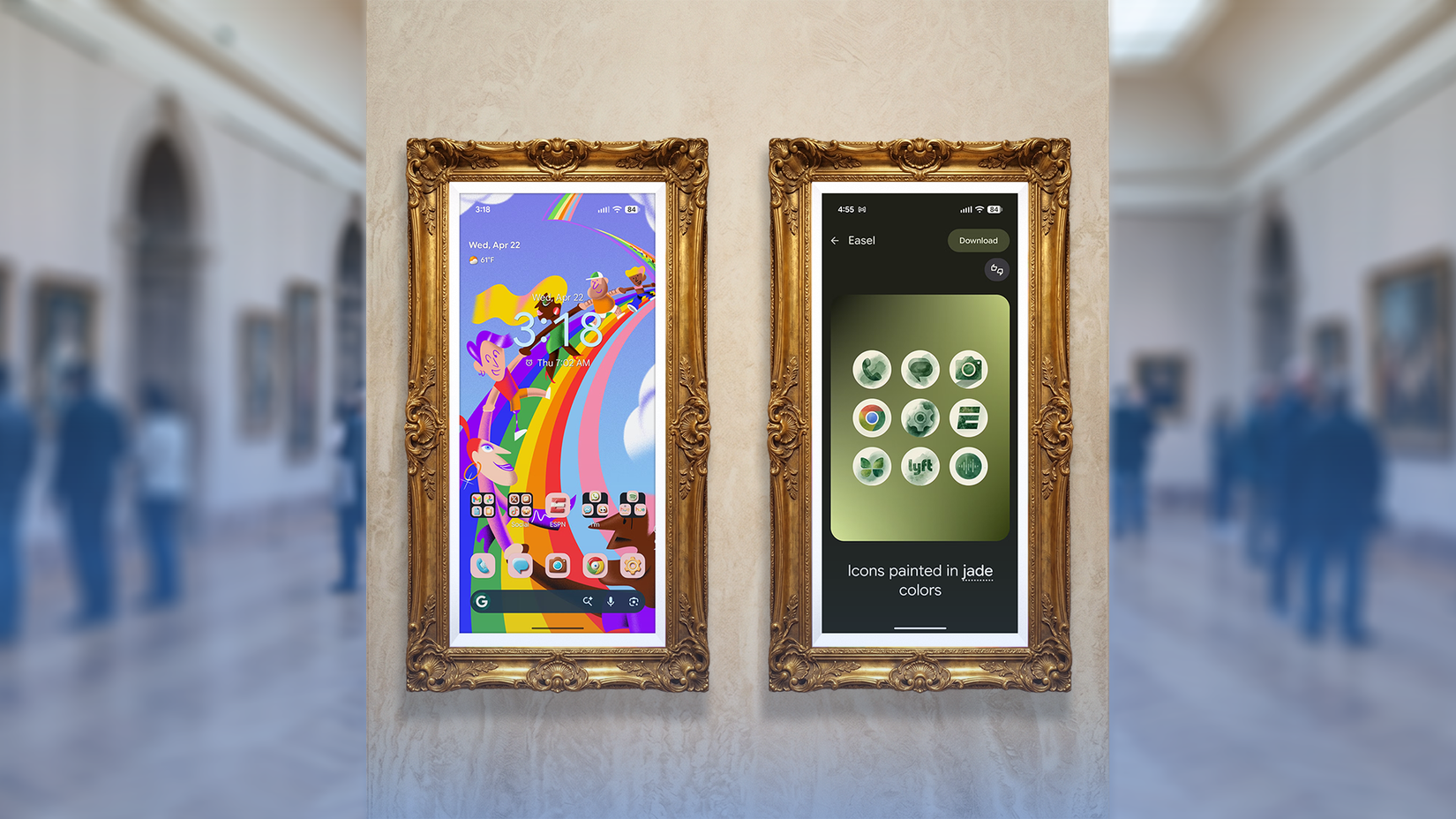 Dois smartphones exibidos como obras de arte emolduradas em um museu, exibindo telas iniciais coloridas e estilizadas do Android.