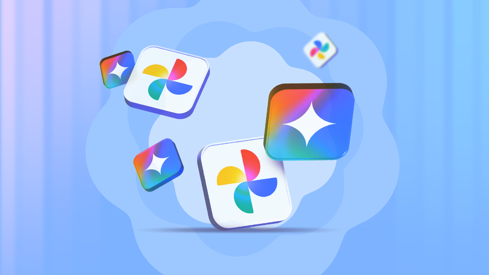 Google Photos and Gemini AI icons floating on a blue background.