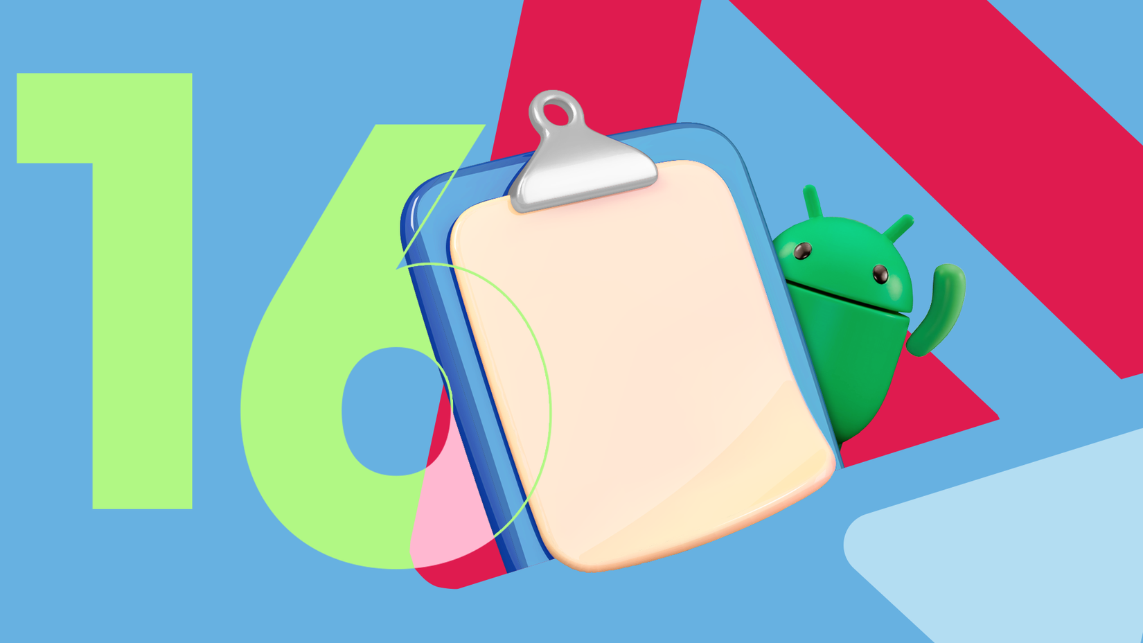3D Android mascot peeking from behind a blue clipboard in front of a large '16'.