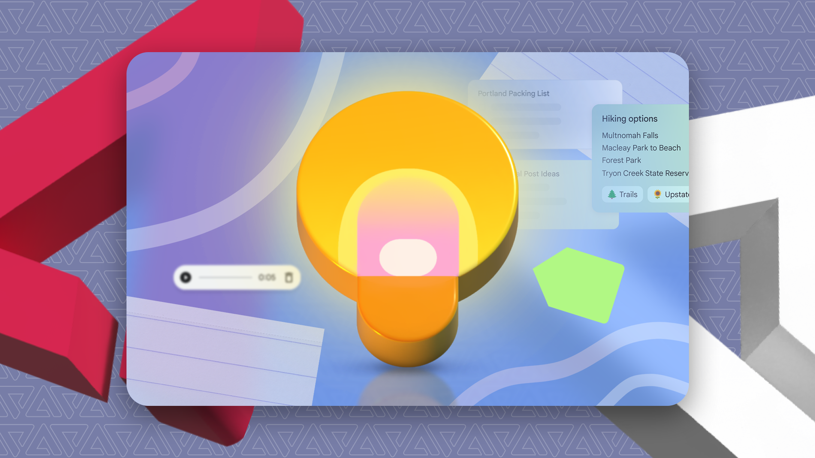 Illustrazione 3D del logo Google Keep su uno sfondo astratto colorato con note fluttuanti ed elementi dell'interfaccia utente.