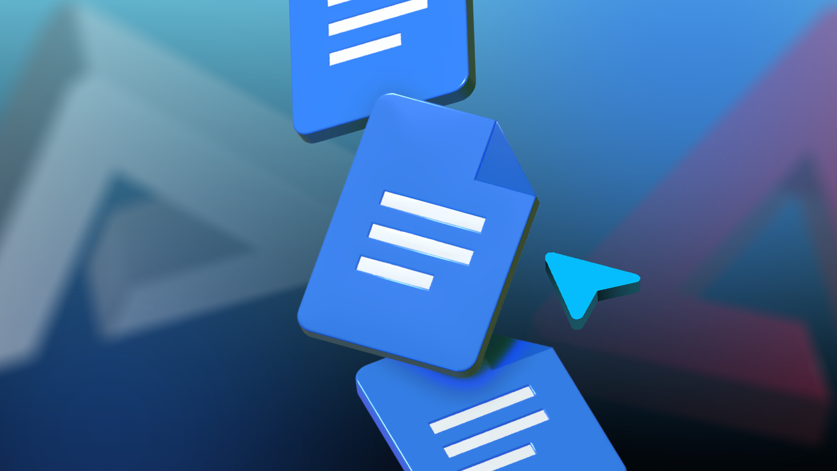 Um cursor azul apontando para uma pilha de ícones flutuantes do Google Docs