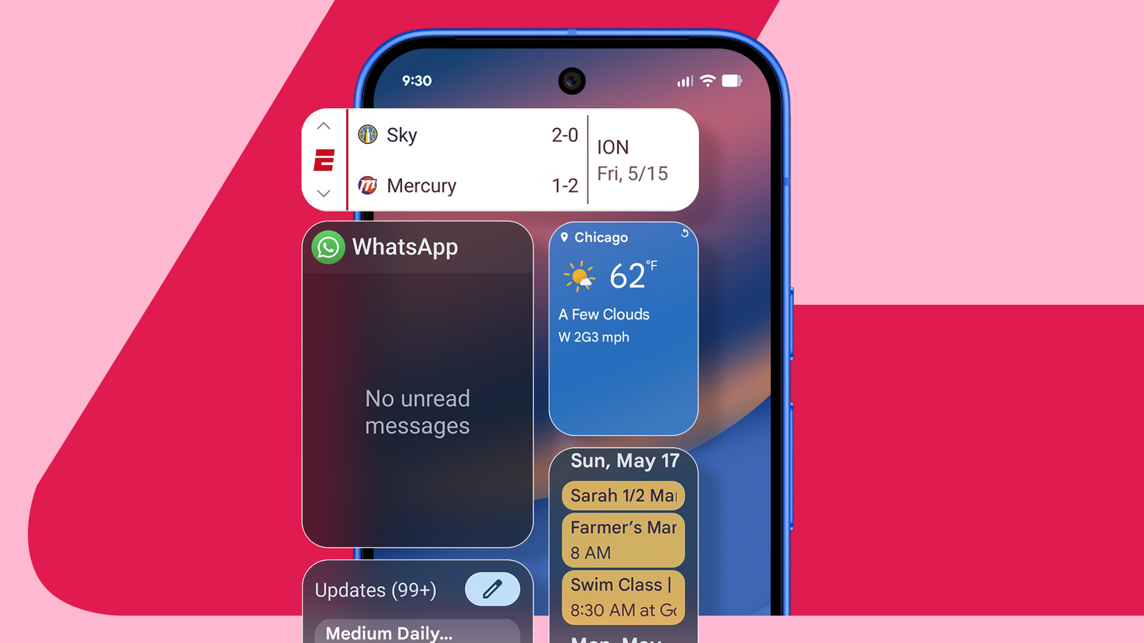 A blue smartphone with widgets on the screen, set against a pink geometric background.