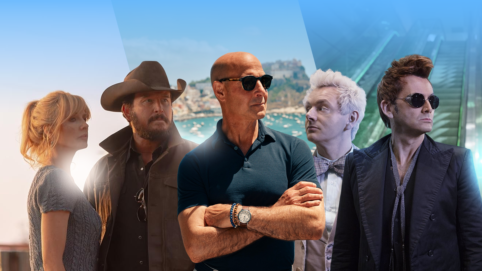 A collage featuring characters from Dutton Ranch, Tucci in Italy, and Good Omens.