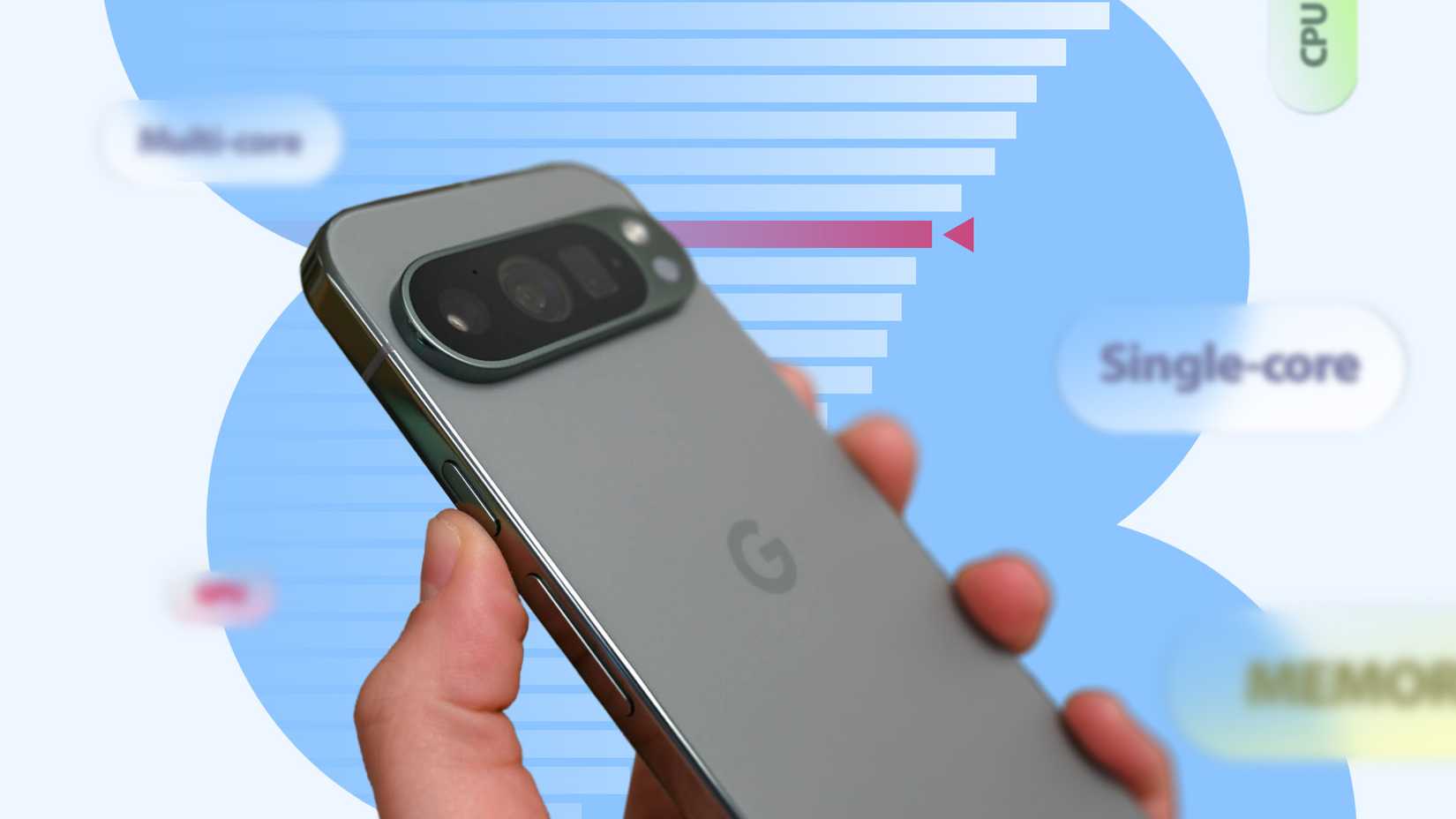A hand holding a Google Pixel phone in front of a blurred performance benchmark chart.