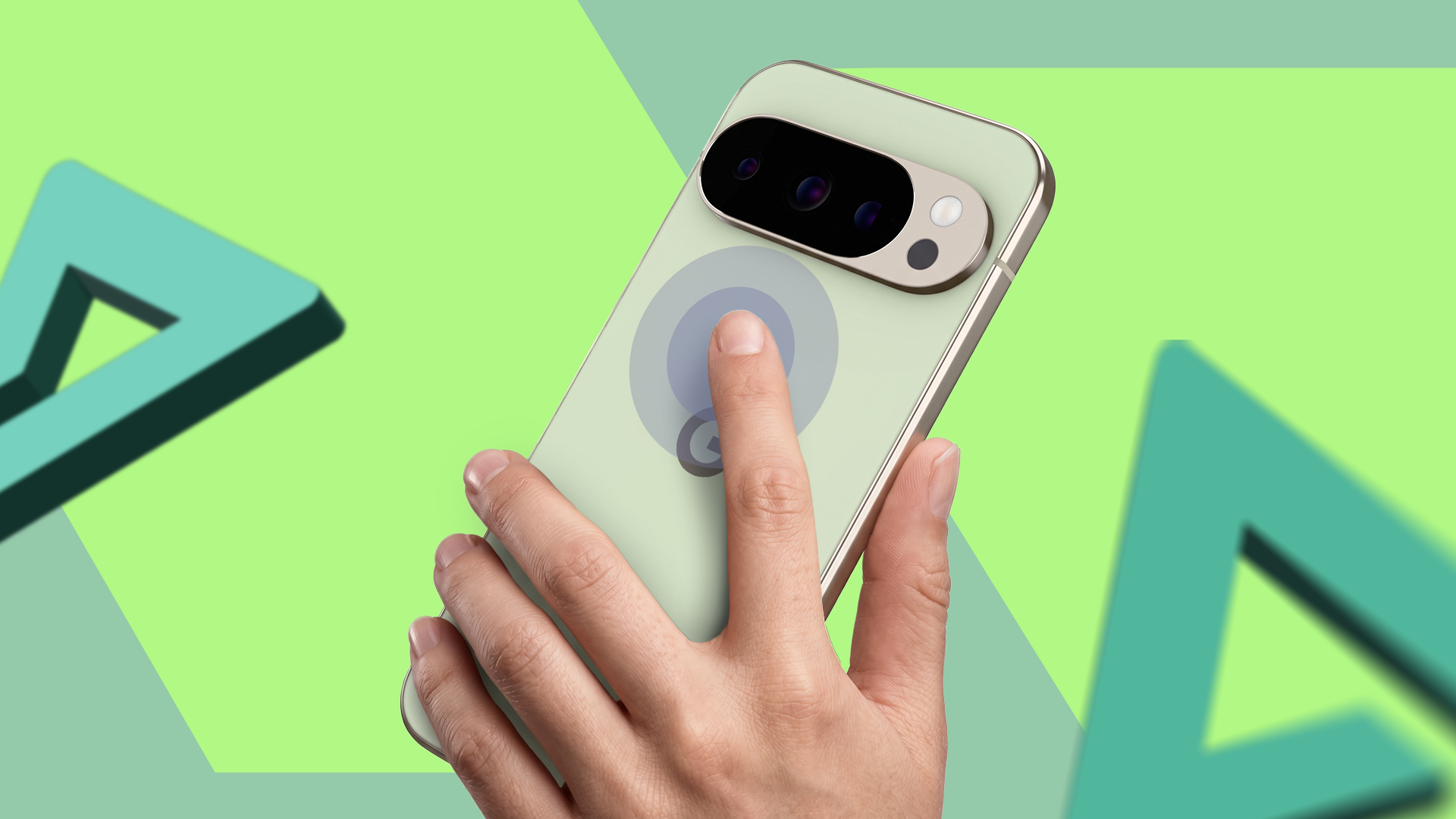 A hand holding a Google Pixel smartphone, with an index finger double-tapping the back of the device.