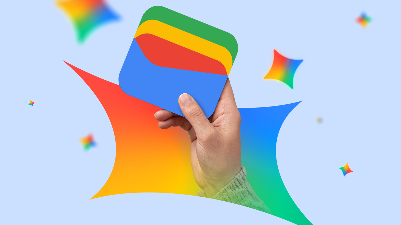A hand holding a Google Wallet icon against a background of colorful, floating Gemini logos.