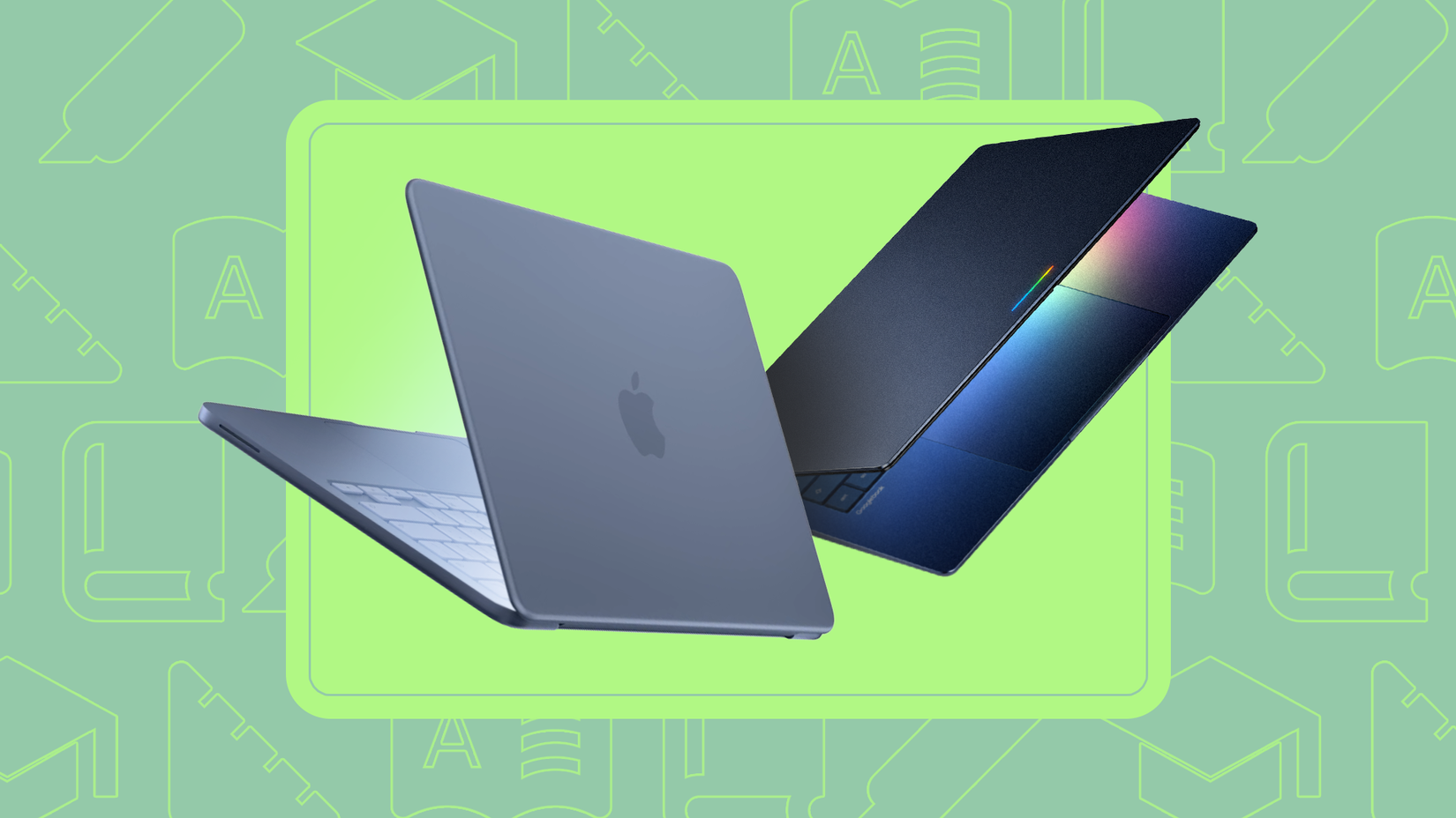 A Macbook Neo and a GoogleBook on a green school-themed background.