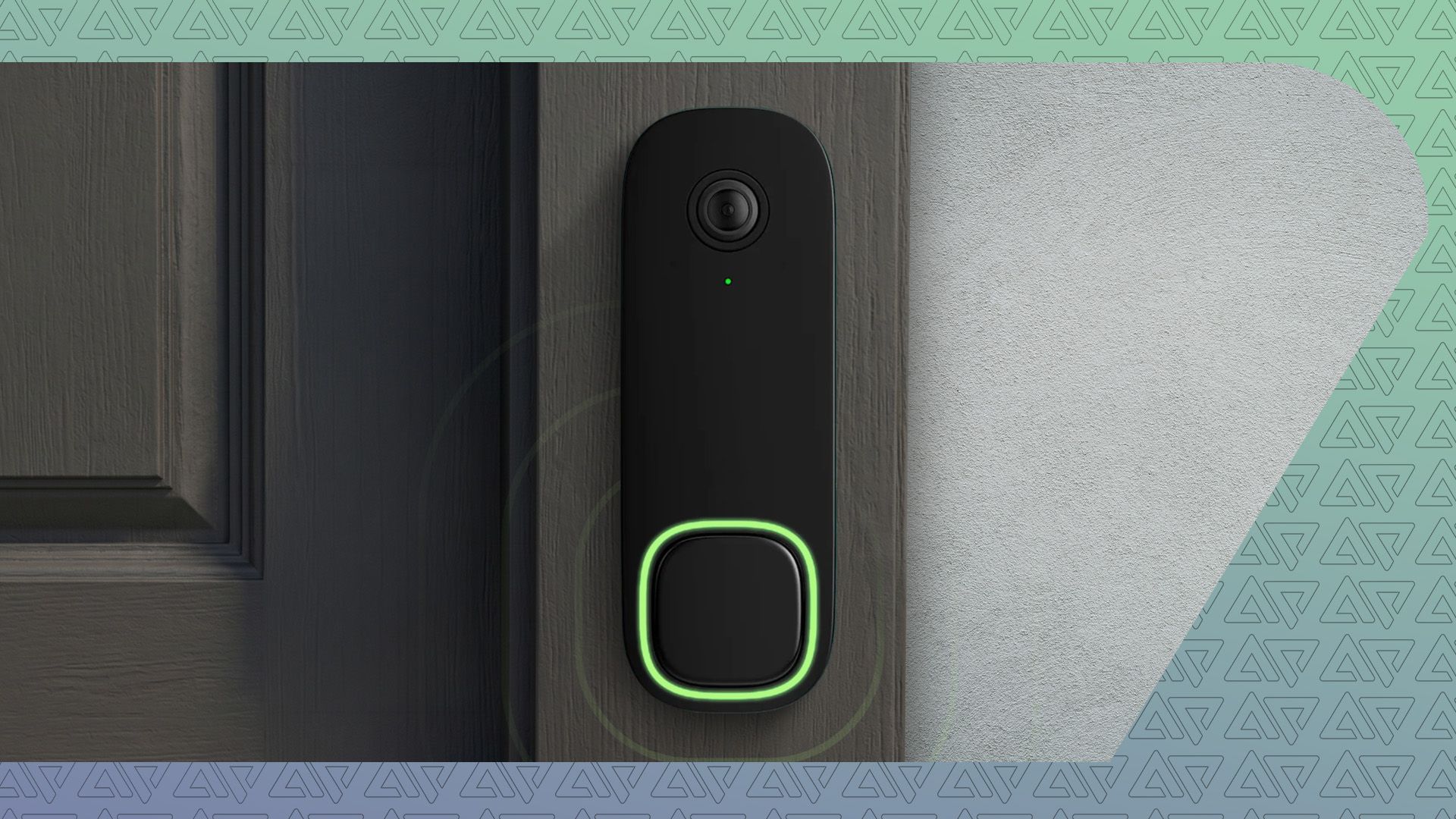 A smart doorbell with a glowing green ring around the button, mounted on a dark door frame.