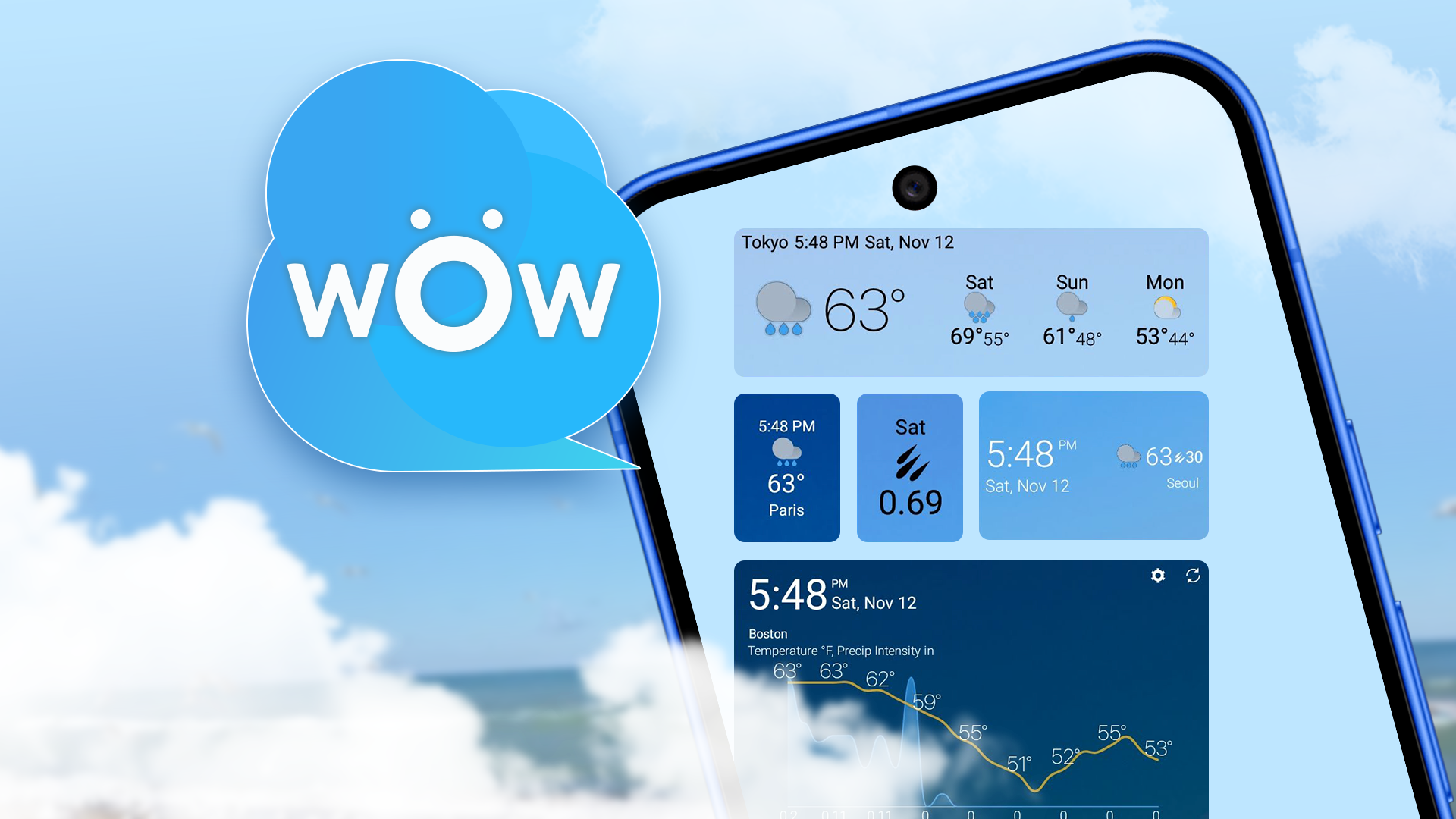 A smartphone displaying weather widgets from the Weawow app, next to its blue cloud-shaped logo against a bright sky background