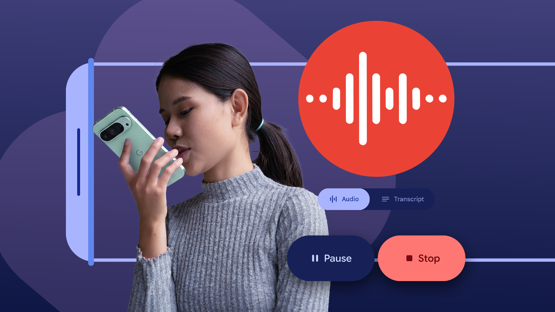 A woman speaking into her phone, next to the Google Recorder icon and recording controls on a purple background.