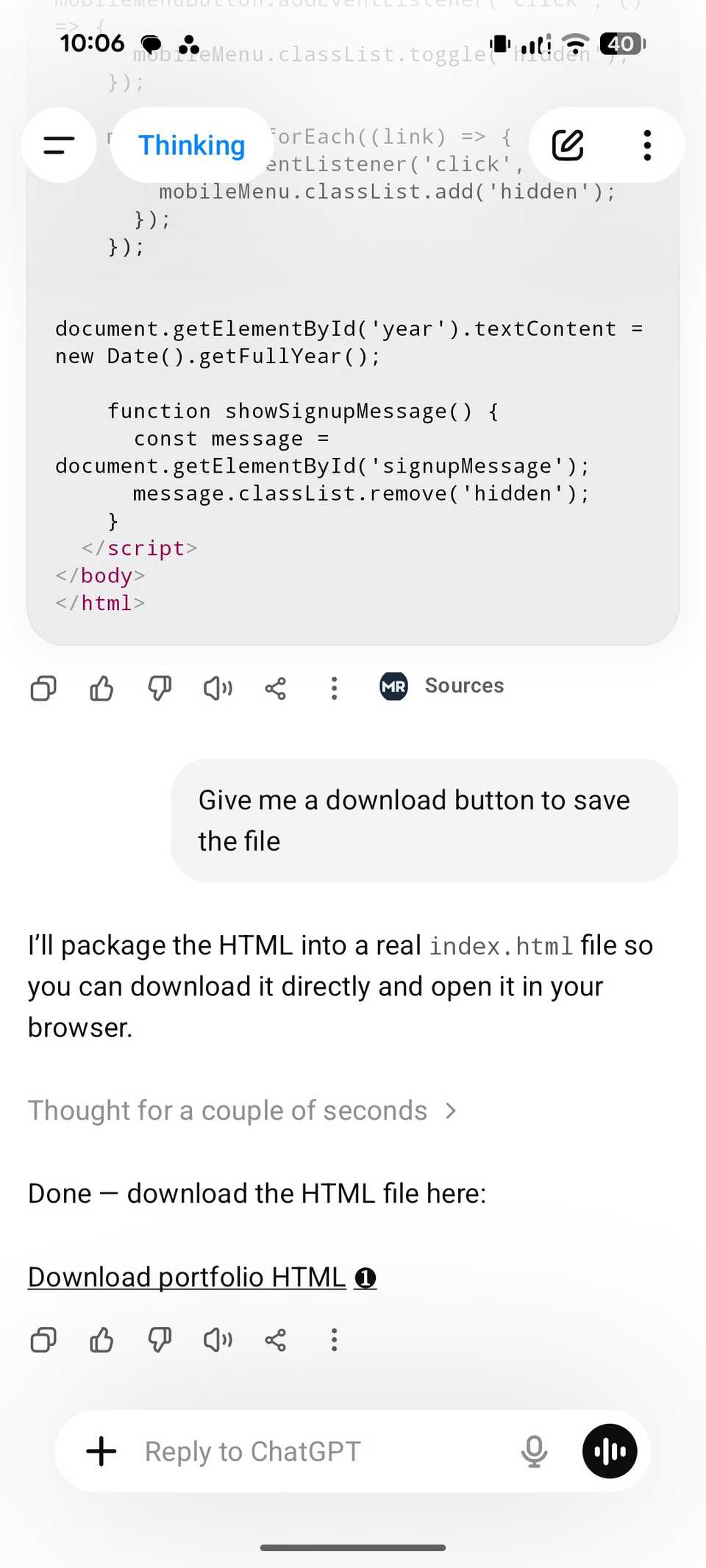 ChatGPT generating code
