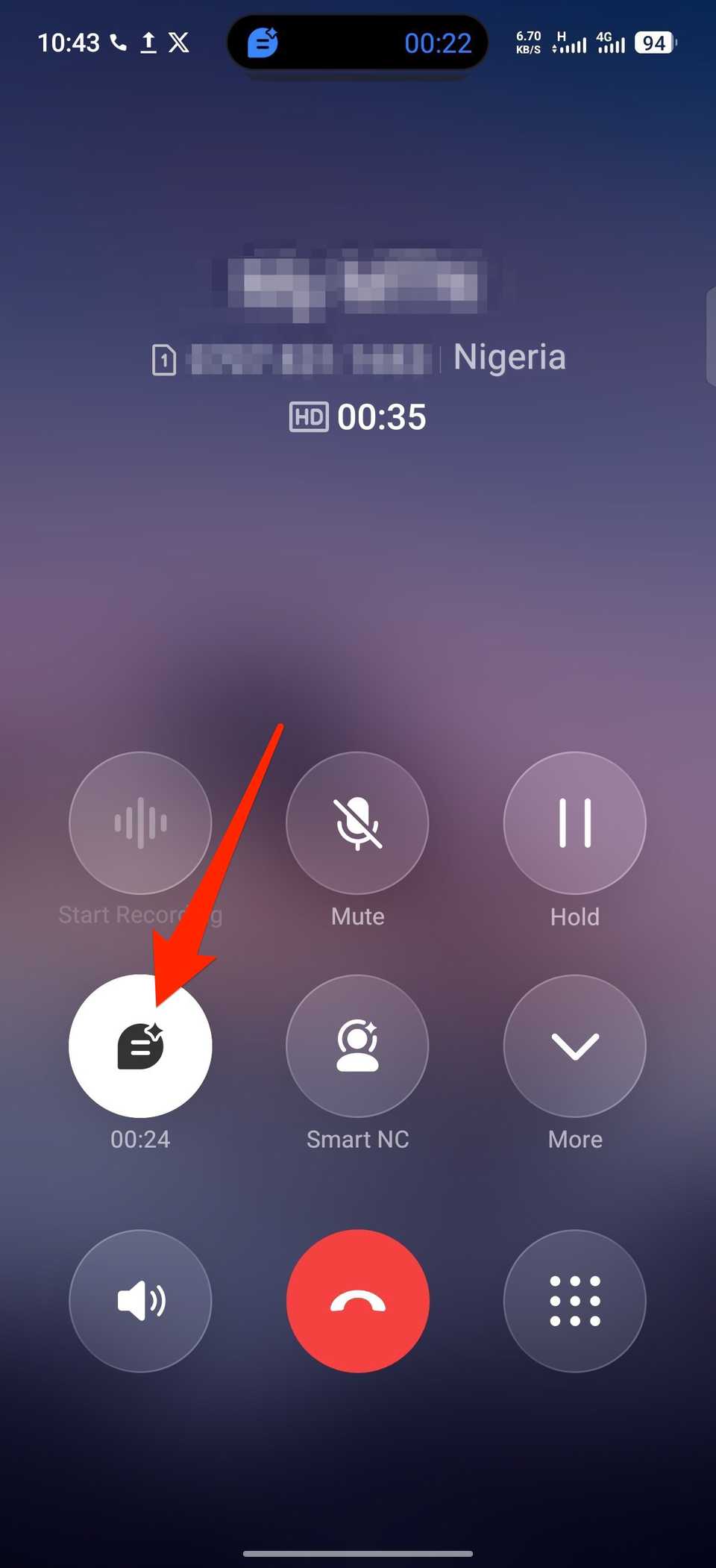 Red arrow pointing to AI Call Summary button on active phone call screen