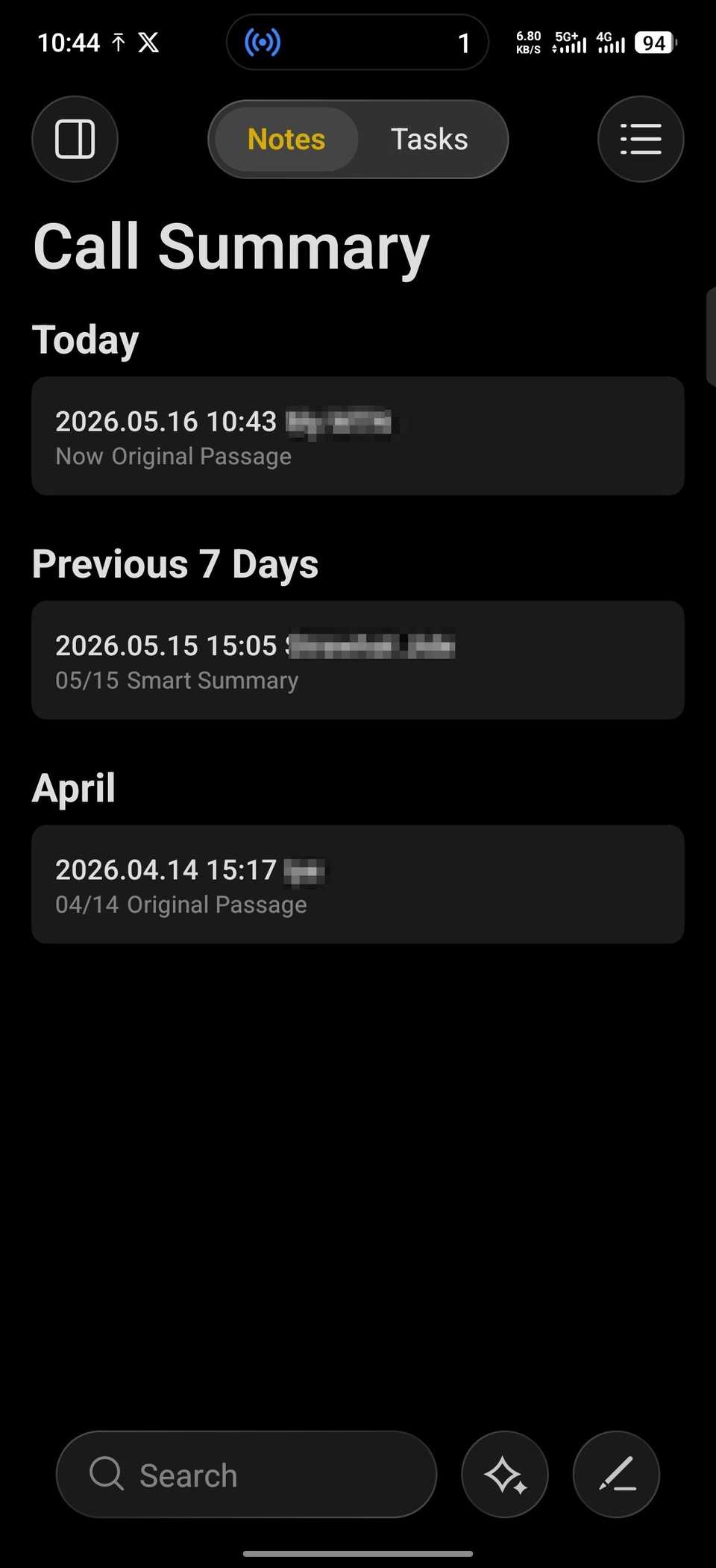 Menu showing timestamped logs of call summaries for recorded calls on Infinix phone