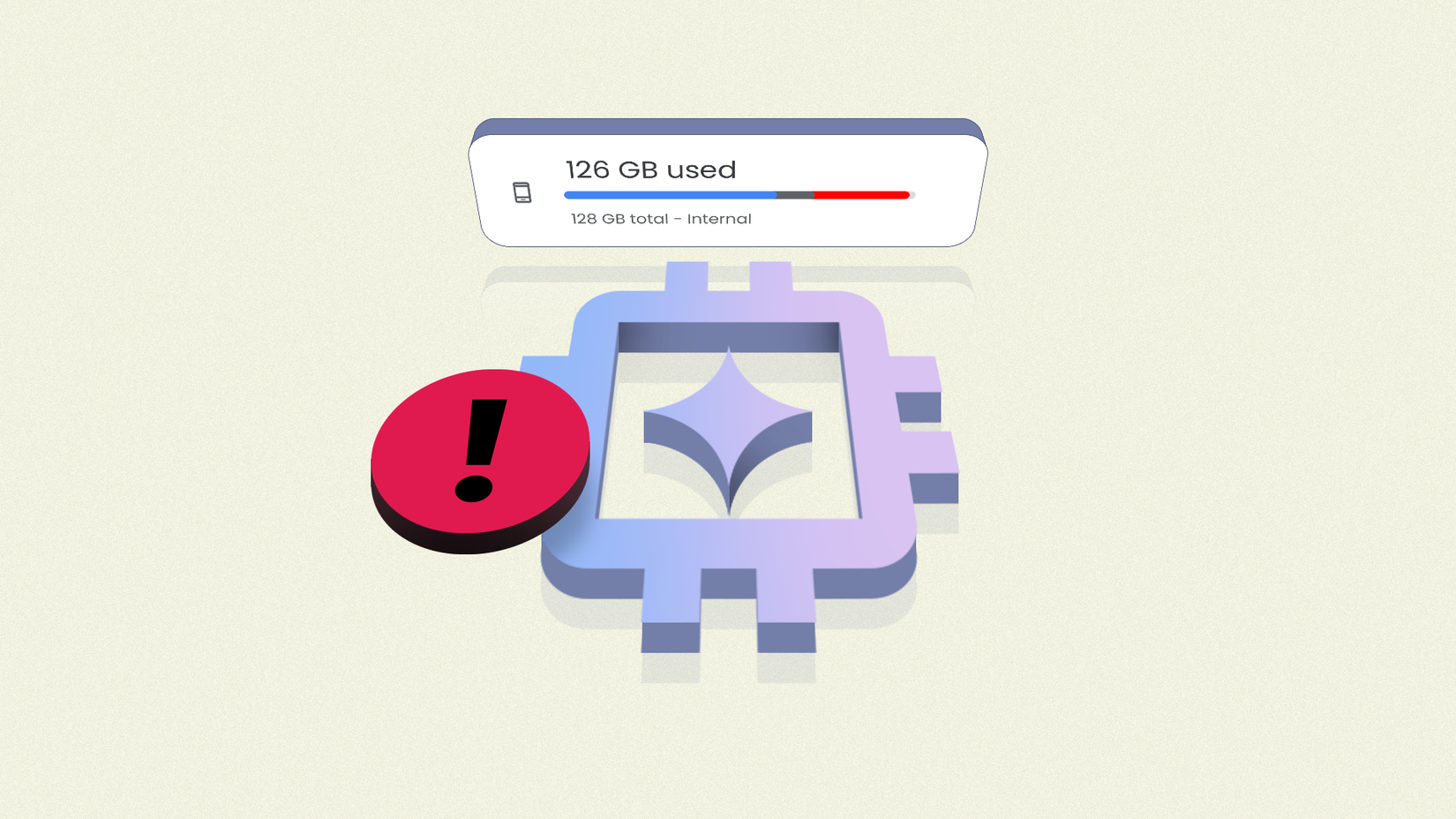 Logotipo AICore com uma barra de status de armazenamento mostrando 126 GB de 128 GB usados ​​e um símbolo de aviso de exclamação vermelho.