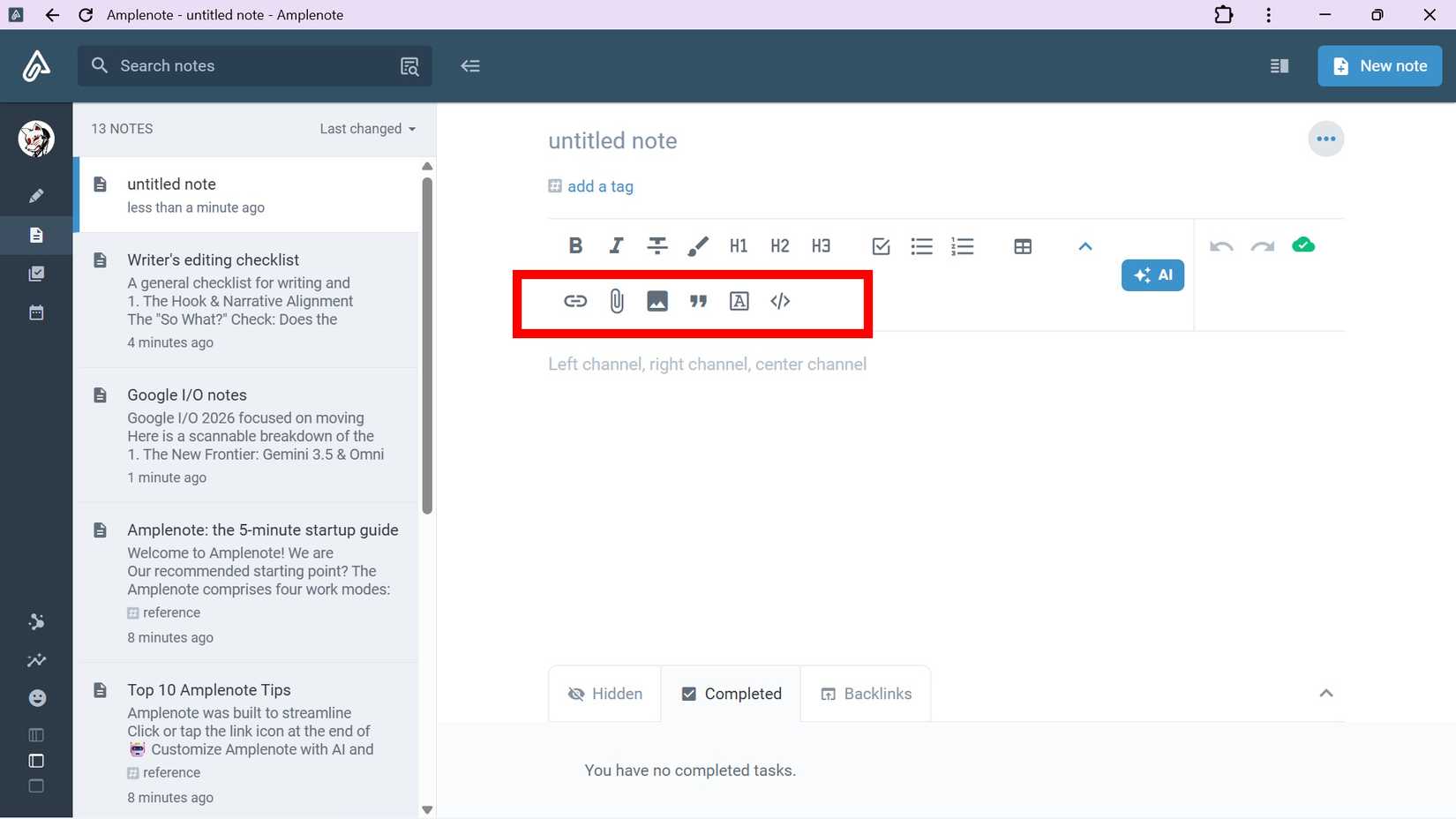 red rectangle highlighting expanded UI buttons for notes in Amplenote on the web