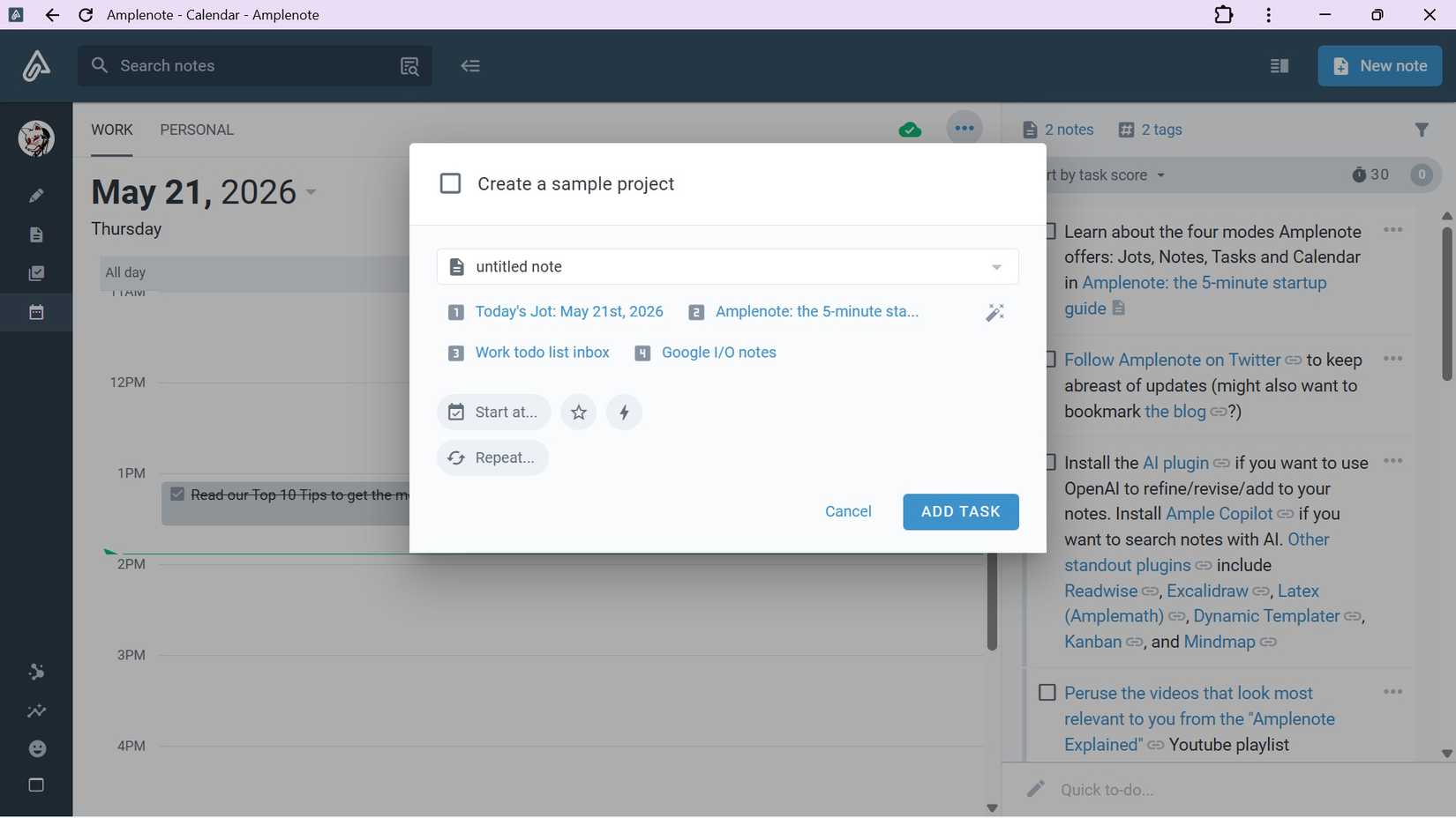 Add task option in Amplenote while in the Calendar view on the web version showing a window of various options for title, date, and the add task button