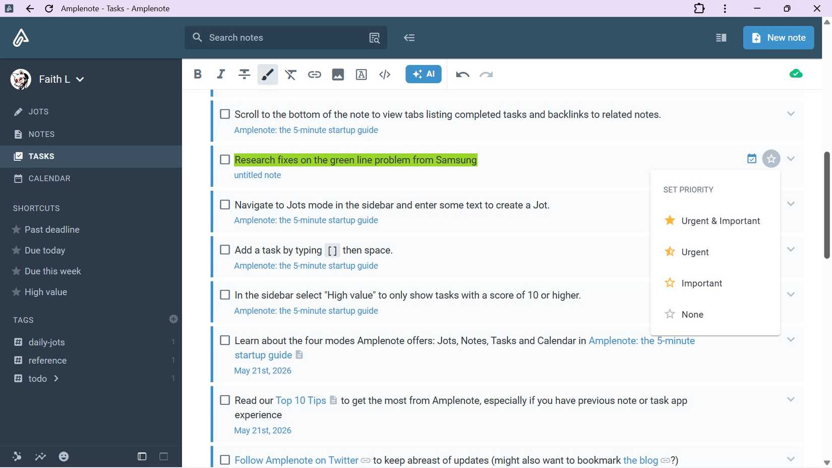 The tasks section of Amplenote showing the UI with shortcuts, tags, and set priority for a custom task entry recorded in the web version
