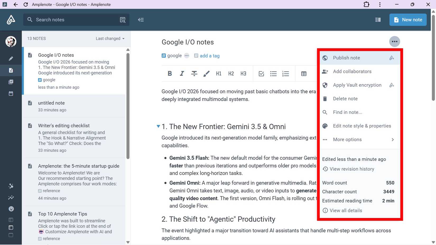 red rectangle outline highlighting the shortcut menu in the notes section of Amplenote web version
