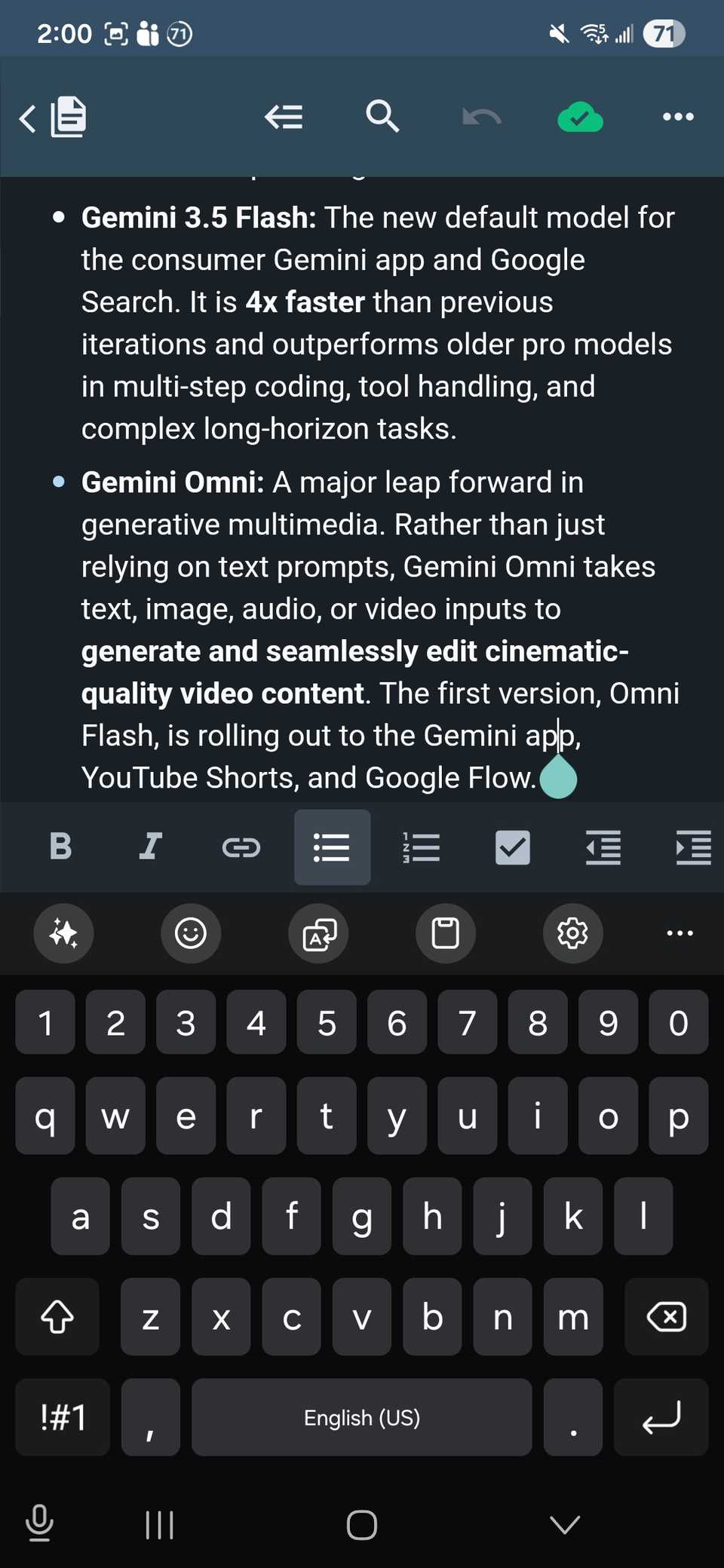 The note editor open on Amplenote with Samsung Keyboard and format UI above it in the Android app