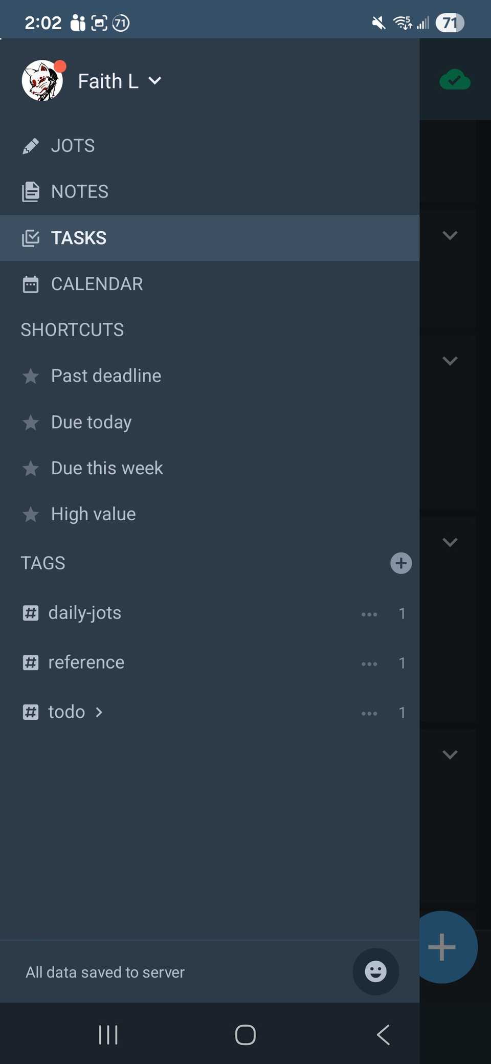 Side panel view of the Amplenote app on Android showing 'Jots,' 'Notes,' 'Tasks,' 'Calendar' and a list of shortcuts and tags